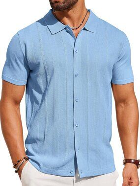 Men's Light Blue Knit Short Sleeve Button Down Polo premium lightweight Shirt